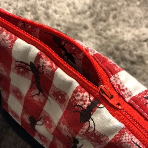 Womens Over Shoulder Picnic Style Purse Graphic Embroidery Red Gingham/Denim - Picture 5 of 6